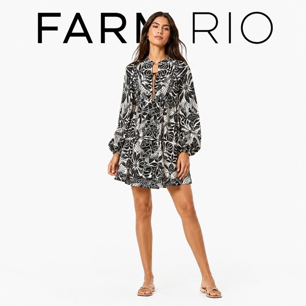 Farm Rio Black White Tropical Linen Blend Mini Dress Balloon Sleeve Boho Resort